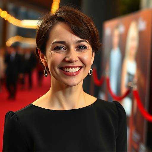 Am√©lie Dupont souriant sur le tapis rouge lors de la premi√®re de son nouveau film, L'√âtoile Perdue.