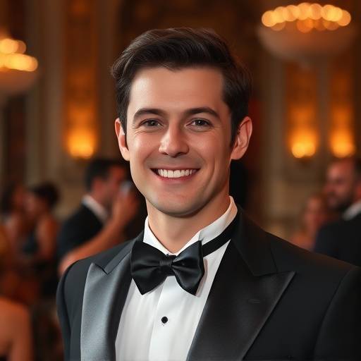 Luc Dubois lors d'une soir√©e de gala, portant un smoking √©l√©gant et souriant.