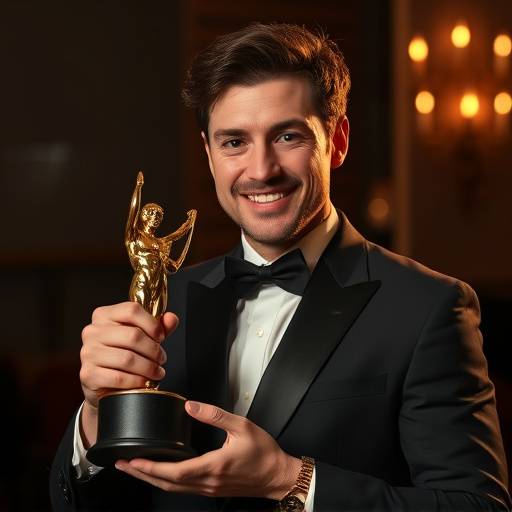 Luc Dubois posant avec un troph√©e apr√®s avoir remport√© un prix de cin√©ma.