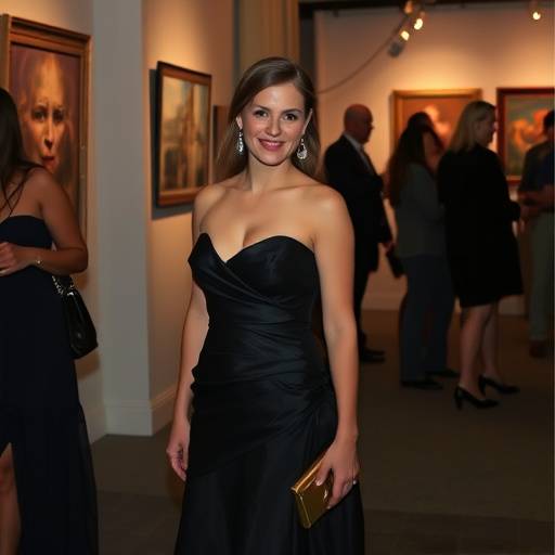 Sophie Martin avec une robe de soir√©e, elle est √† un vernissage d'art.