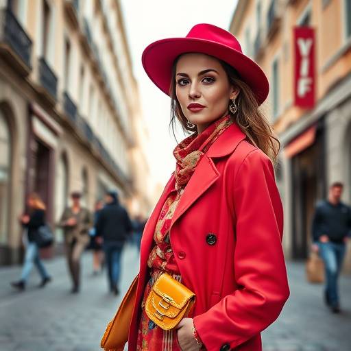 Sophie Martin posant dans une rue de Milan, portant une tenue √©l√©gante et color√©e.