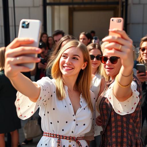 Sophie Martin prenant un selfie avec des fans √† la sortie d'un d√©fil√© de mode.